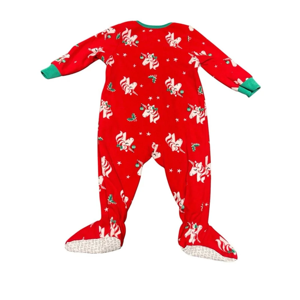 Carters Baby Girl 12M 1-Piece Red Green Christmas Unicorn Fleece Footie PJs NWOT